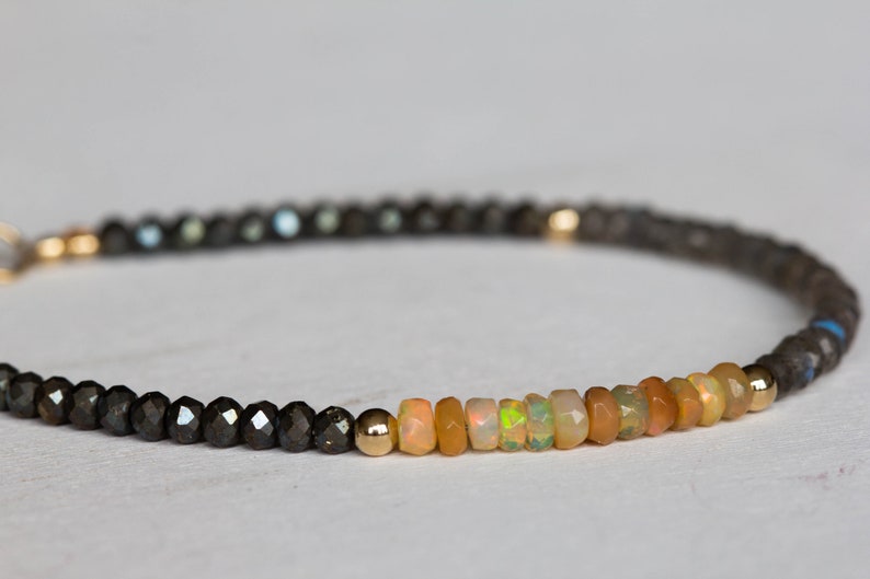 Opal, Pyrite & Labradorite Bracelet, Delicate Gemstone Beaded Bracelet, Labradorite Jewelry, Beaded Pyrite Bracelet, Multi Gemstone Stacking
