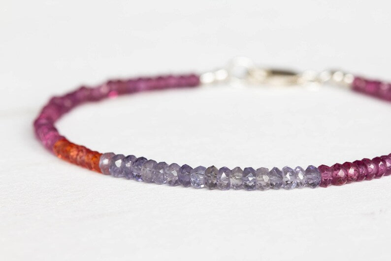 Iolite, Orange Sapphire & Garnet Bracelet, Beaded Multi Gemstone Stacking Jewelry