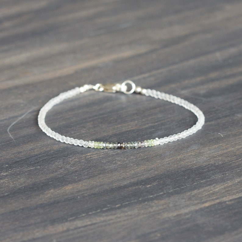 Dainty Clear Quartz Bracelet with Shaded Sapphire, Beaded Genuine Gemstone Jewelry