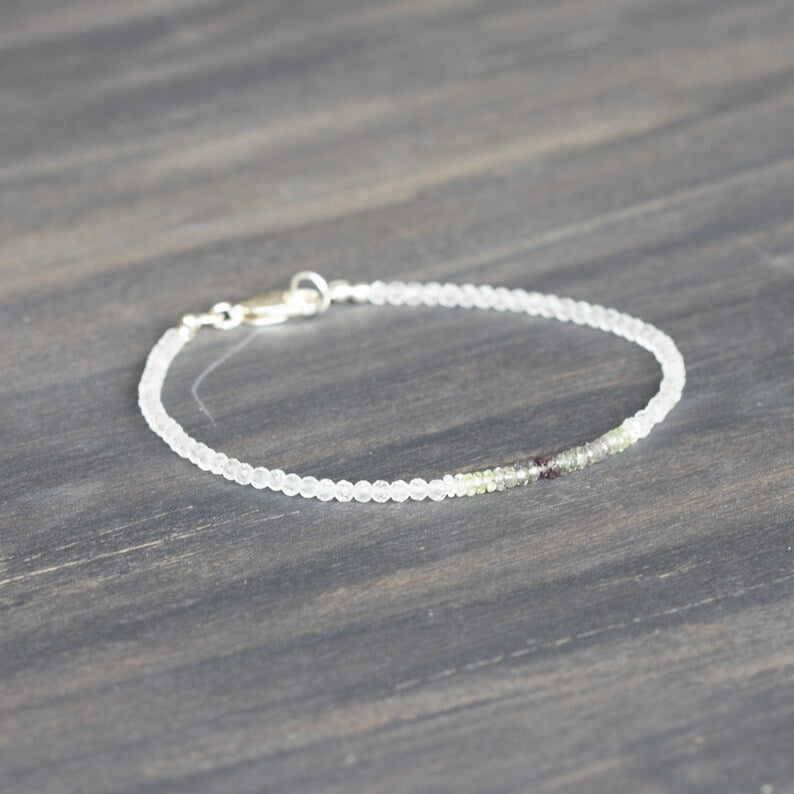 Dainty Clear Quartz Bracelet with Shaded Sapphire, Beaded Genuine Gemstone Jewelry