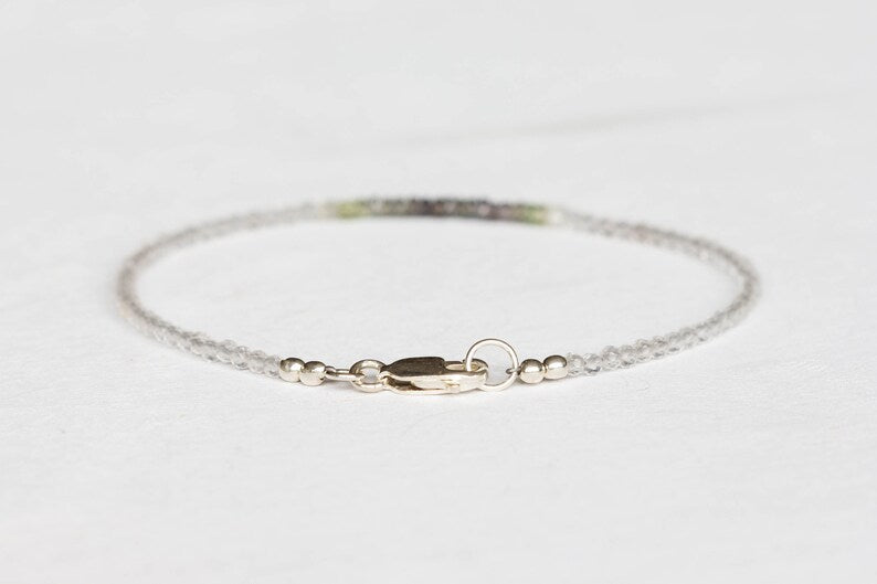 Dainty Clear Quartz Bracelet with Shaded Sapphire, Beaded Genuine Gemstone Jewelry