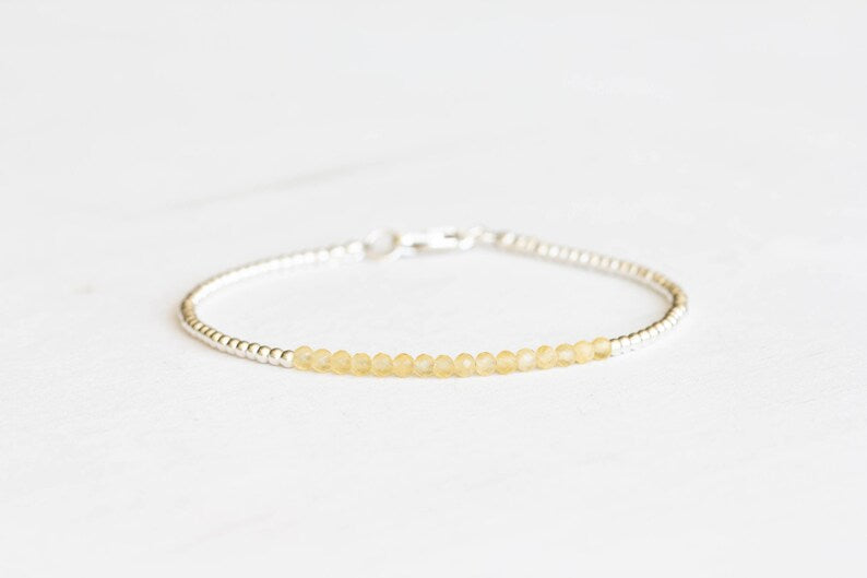 Yellow Calcite Bracelet with Rose Gold Fill or Sterling Silver, Dainty Beaded Genuine Yellow Gemstone Jewelry