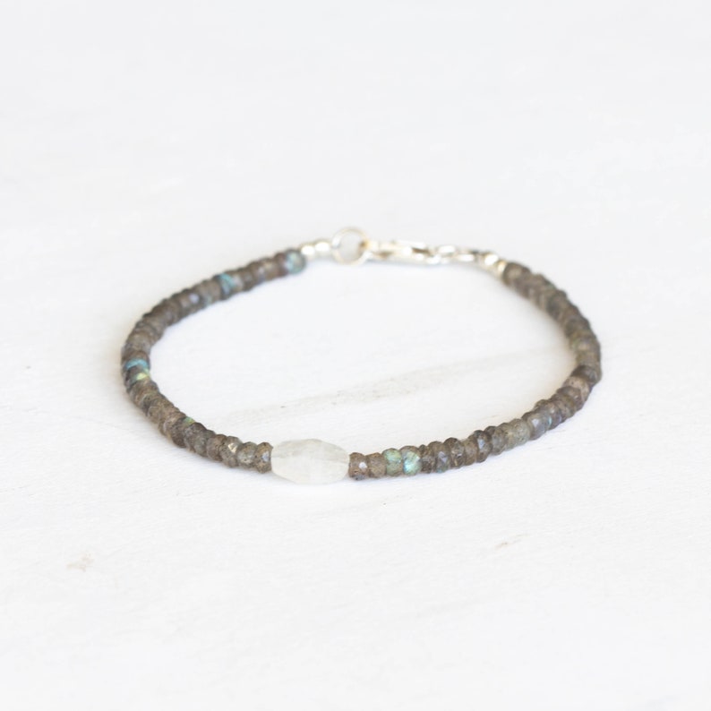 Dainty Labradorite Bracelet with Rainbow Moonstone, Multi Gemstone Beaded Jewelry
