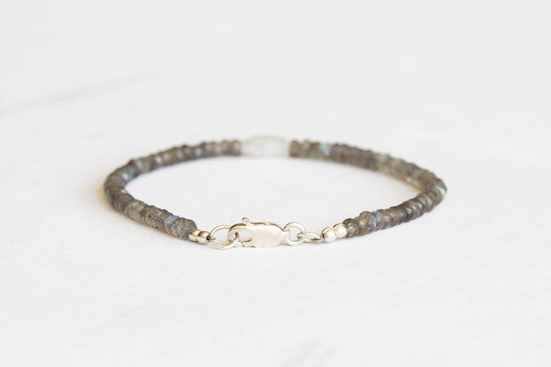 Dainty Labradorite Bracelet with Rainbow Moonstone, Multi Gemstone Beaded Jewelry