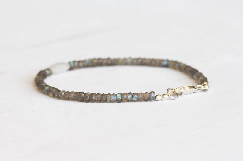 Dainty Labradorite Bracelet with Rainbow Moonstone, Multi Gemstone Beaded Jewelry