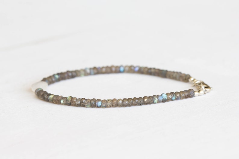 Dainty Labradorite Bracelet with Rainbow Moonstone, Multi Gemstone Beaded Jewelry