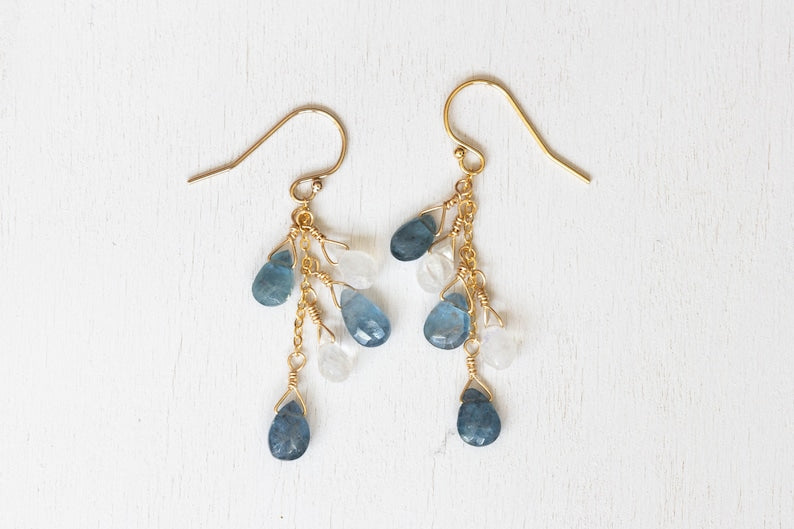 Moss Aquamarine & Rainbow Moonstone Dangle Earrings, Rose Gold Filled or Sterling Silver