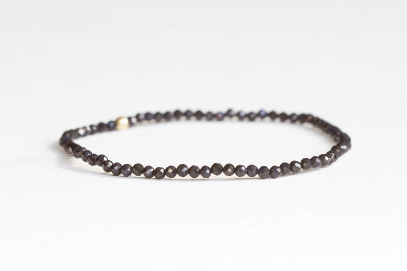 Dainty Dark Blue Sapphire Stretch Bracelet, Faceted Tiny Beaded Gemstone Jewelry, September Birthstone