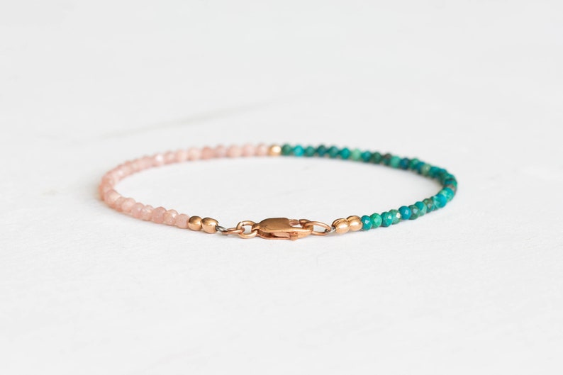 Rhodochrosite & Chrysocolla Bracelet, Delicate Pink Gemstone Beaded Jewelry, Small Micro Faceted Beads, Rose Gold Fill or Sterling Silver