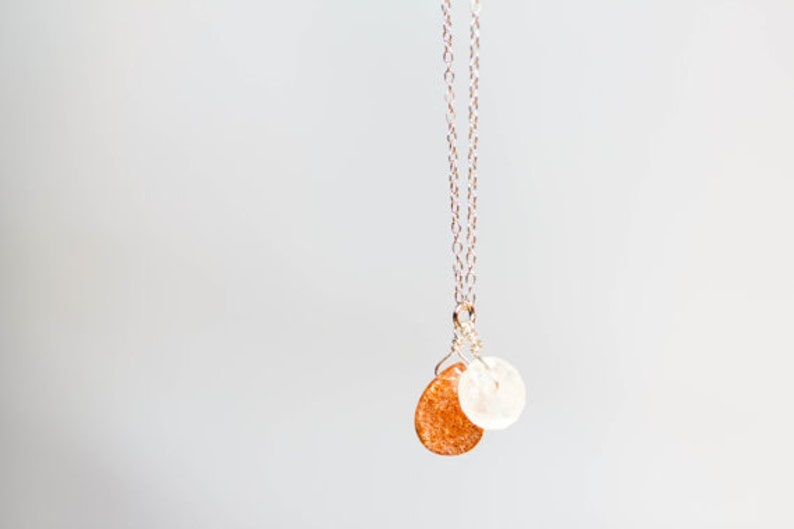 Moonstone & Sunstone Pendant on Rose Gold Filled or Sterling Silver Chain, Sunstone Necklace, Moonstone Jewelry, Oxidized Silver
