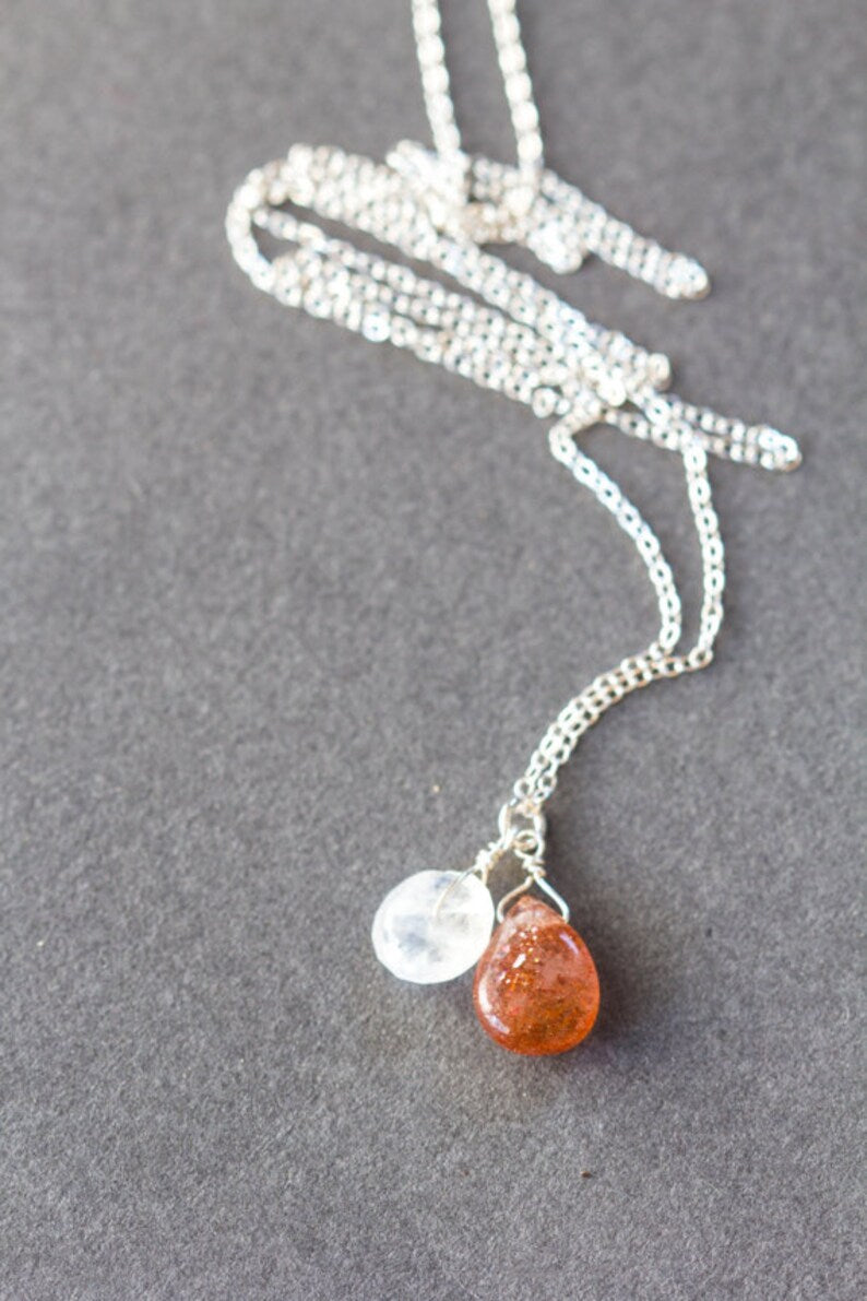 Moonstone & Sunstone Pendant on Rose Gold Filled or Sterling Silver Chain, Sunstone Necklace, Moonstone Jewelry, Oxidized Silver