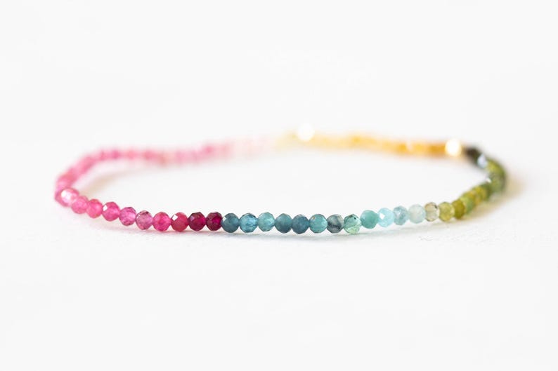 Tourmaline Stretch Bracelet, Delicate Beaded Shaded Watermelon Petro Colors, Elastic Stacking Jewelry, Rose Gold Fill or Sterling Silver