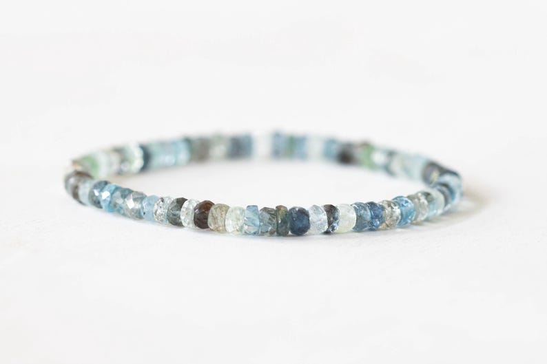 Moss Aquamarine Bracelet, Beaded Elastic Stacking Stretch Jewelry, March Birthstone, Blue Green Gemstone