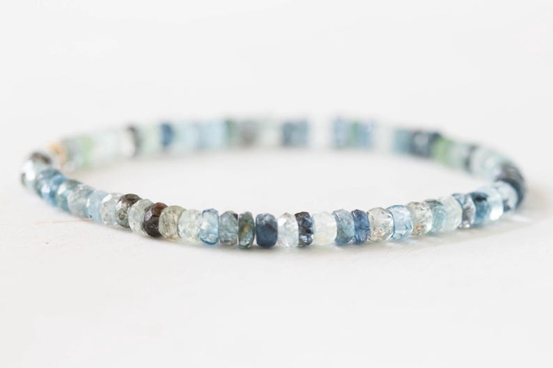 Moss Aquamarine Bracelet, Beaded Elastic Stacking Stretch Jewelry, March Birthstone, Blue Green Gemstone
