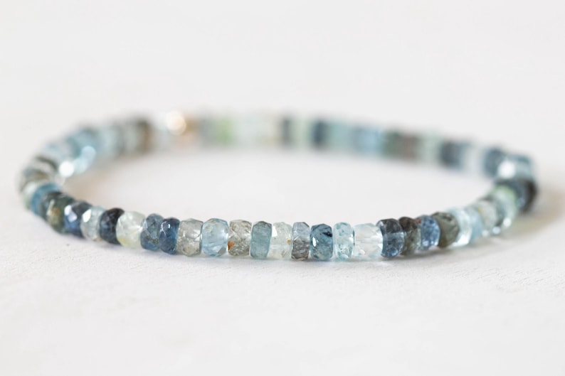 Moss Aquamarine Bracelet, Beaded Elastic Stacking Stretch Jewelry, March Birthstone, Blue Green Gemstone
