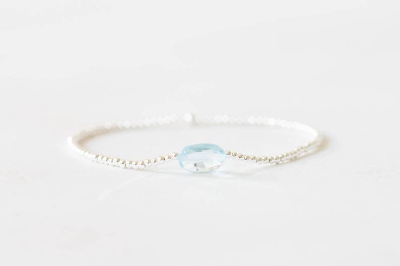 Dainty Blue Topaz Stretch Bracelet, Sterling Silver or Rose Gold Filled, Ultra Delicate Faceted Beaded Blue Gemstone Jewelry