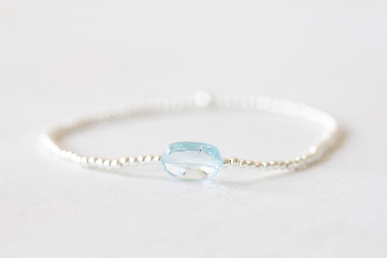 Dainty Blue Topaz Stretch Bracelet, Sterling Silver or Rose Gold Filled, Ultra Delicate Faceted Beaded Blue Gemstone Jewelry