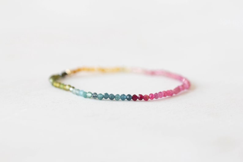Tourmaline Stretch Bracelet, Delicate Beaded Shaded Watermelon Petro Colors, Elastic Stacking Jewelry, Rose Gold Fill or Sterling Silver