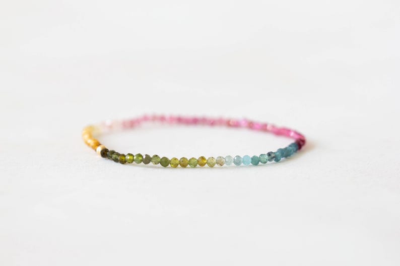 Tourmaline Stretch Bracelet, Delicate Beaded Shaded Watermelon Petro Colors, Elastic Stacking Jewelry, Rose Gold Fill or Sterling Silver
