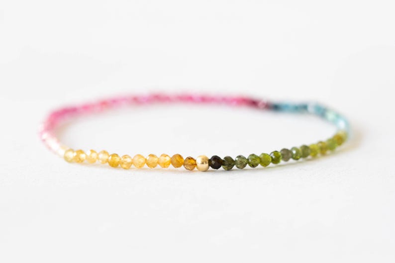 Tourmaline Stretch Bracelet, Delicate Beaded Shaded Watermelon Petro Colors, Elastic Stacking Jewelry, Rose Gold Fill or Sterling Silver