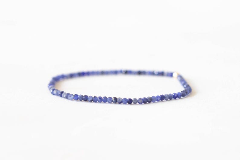 Dainty Sodalite Stretch Bracelet, Ultra Delicate Faceted Beaded Blue Gemstone Jewelry
