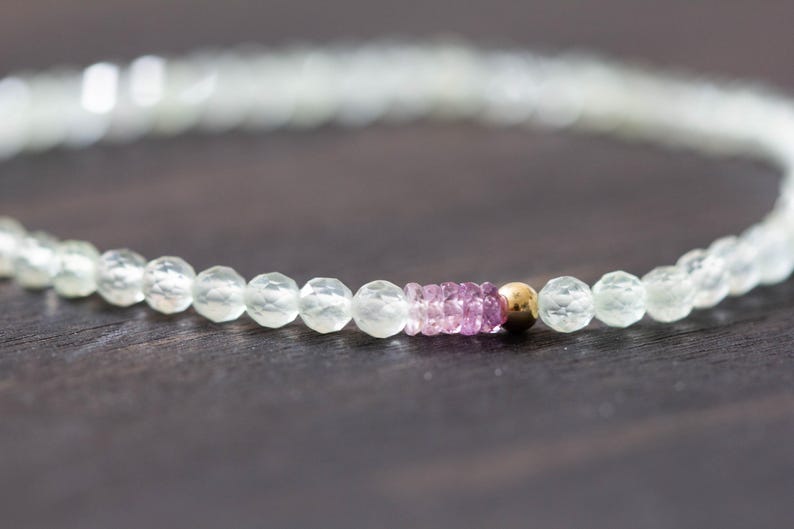 Prehnite Bracelet with Pink Sapphire, Beaded Pale Light Green Gemstone Elastic Stacking Jewelry, Delicate Stretch Faceted Small Beads