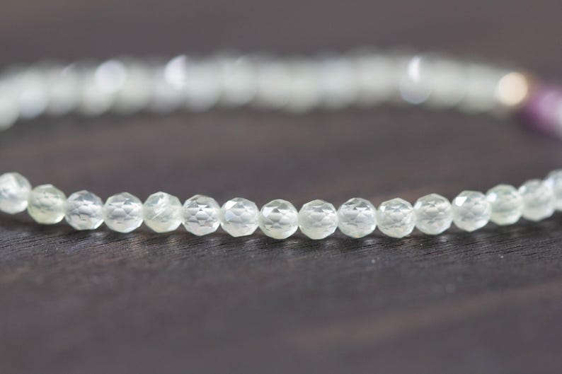 Prehnite Bracelet with Pink Sapphire, Beaded Pale Light Green Gemstone Elastic Stacking Jewelry, Delicate Stretch Faceted Small Beads