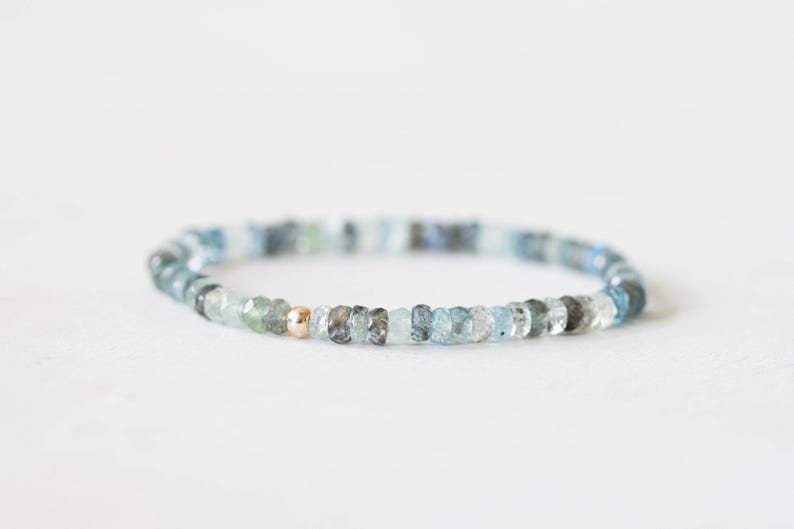 Moss Aquamarine Bracelet, Beaded Elastic Stacking Stretch Jewelry, March Birthstone, Blue Green Gemstone