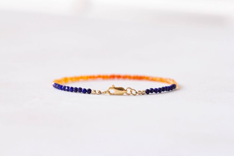 Carnelian & Lapis Bracelet, Beaded Lapis Lazuli Jewelry, Orange Blue Gemstone Stacking Bracelet