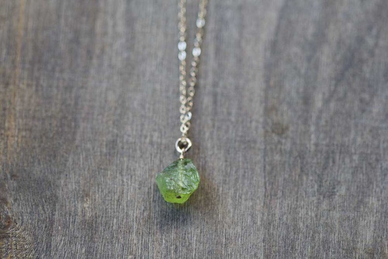 Rough Peridot Necklace on Sterling Silver or Rose Gold Filled Chain, Small Raw Peridot Pendant, Green Gemstone Jewelry, August Birthstone