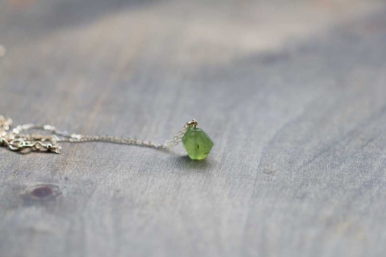 Rough Peridot Necklace on Sterling Silver or Rose Gold Filled Chain, Small Raw Peridot Pendant, Green Gemstone Jewelry, August Birthstone