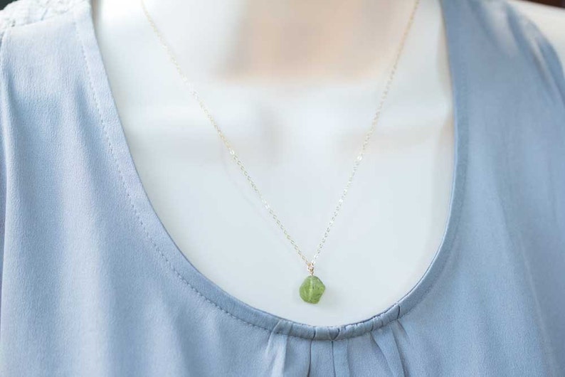Rough Peridot Necklace on Sterling Silver or Rose Gold Filled Chain, Small Raw Peridot Pendant, Green Gemstone Jewelry, August Birthstone