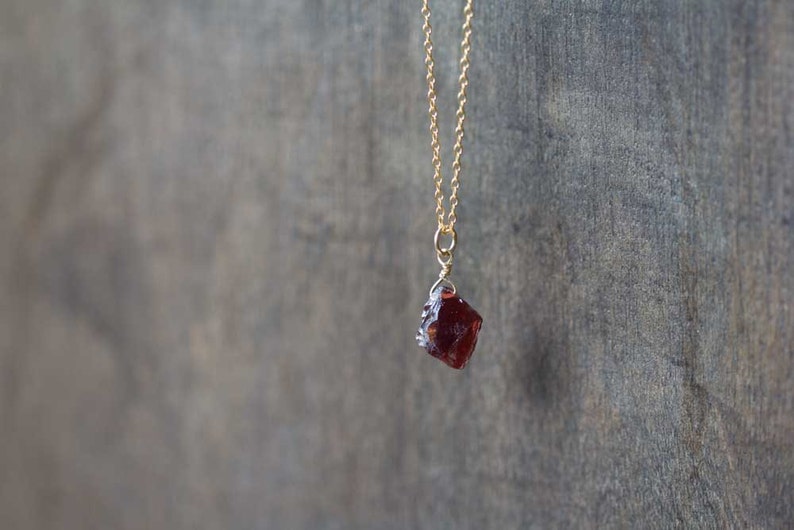 Small Raw Garnet Necklace on Gold Filled, Oxidized Sterling or Sterling Silver Chain, Rough Gemstone Crystal, January Birthstone Pendant