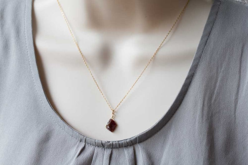 Small Raw Garnet Necklace on Gold Filled, Oxidized Sterling or Sterling Silver Chain, Rough Gemstone Crystal, January Birthstone Pendant