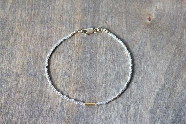 Delicate Fine Silver Bracelet with Gold Fill Tube, Skinny Sterling Silver Stacking Bracelet, Minimal Mixed Metal Jewelry, Everyday