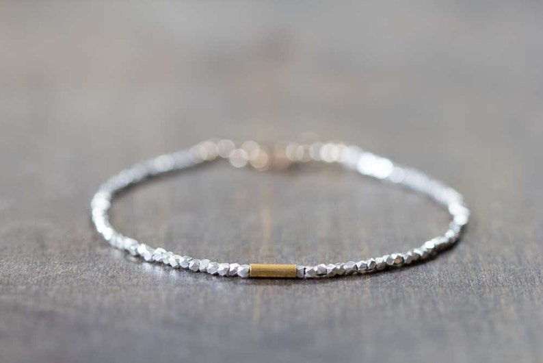 Delicate Fine Silver Bracelet with Gold Fill Tube, Skinny Sterling Silver Stacking Bracelet, Minimal Mixed Metal Jewelry, Everyday