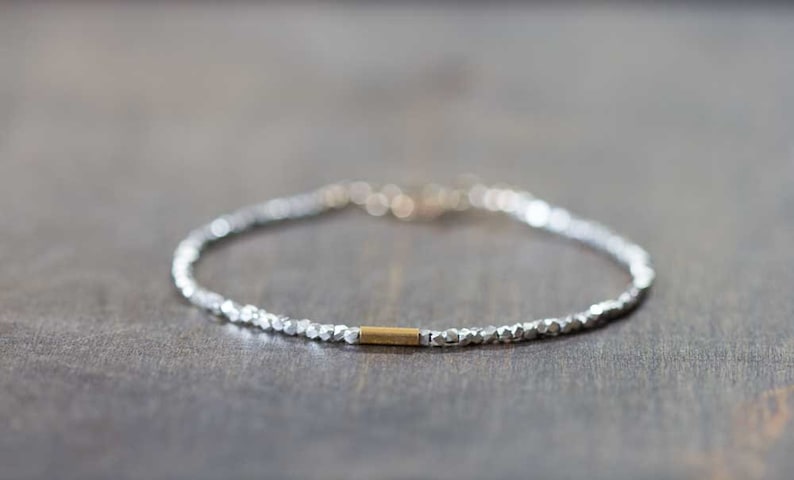 Delicate Fine Silver Bracelet with Gold Fill Tube, Skinny Sterling Silver Stacking Bracelet, Minimal Mixed Metal Jewelry, Everyday