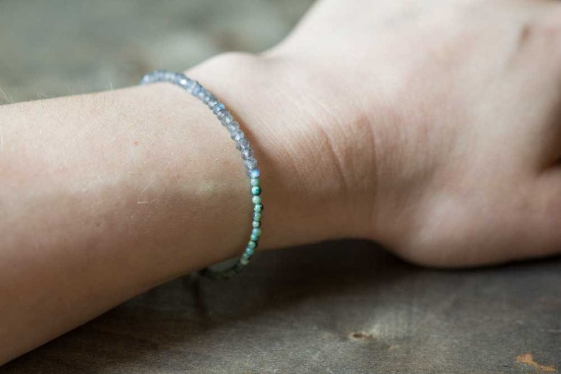 Labradorite & African Turquoise Bracelet, Delicate Multi Gemstone Stacking Skinny Bracelet, Labradorite Bracelet, Jasper Jewelry, Tiny Beads