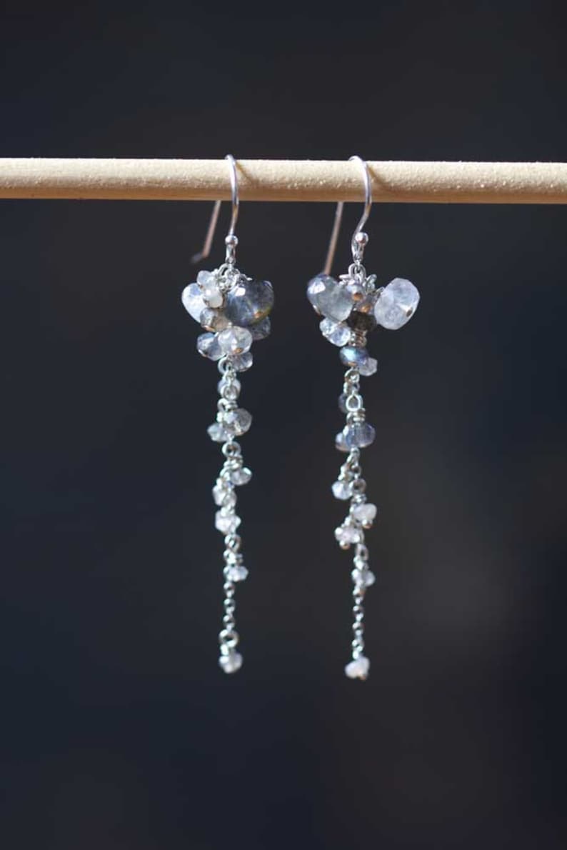 Multi Gemstone Cluster Dangle Earrings, Labradorite & Rainbow Moonstone, Delicate Sterling Silver or Gold Filled Earrings, Rose Gold Filled