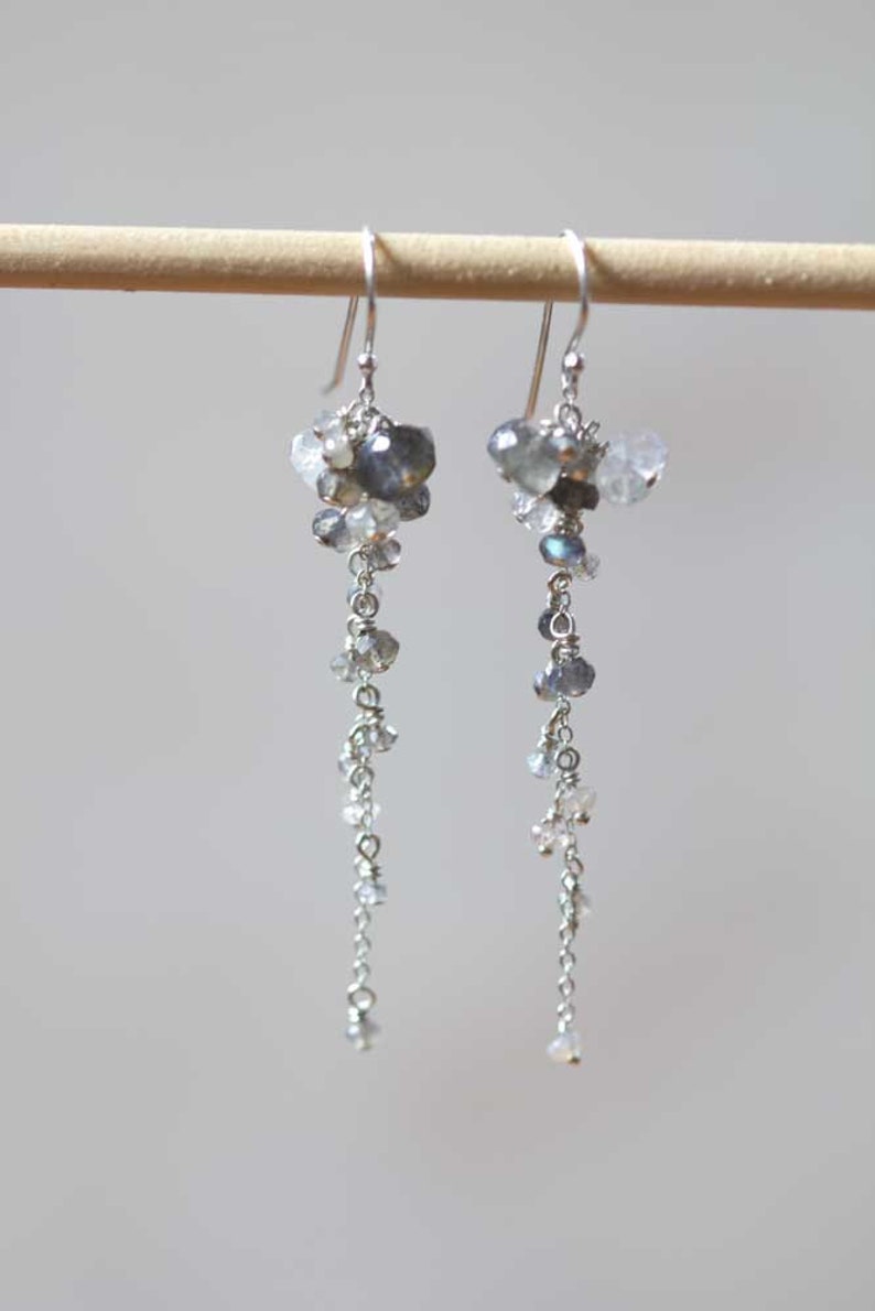 Multi Gemstone Cluster Dangle Earrings, Labradorite & Rainbow Moonstone, Delicate Sterling Silver or Gold Filled Earrings, Rose Gold Filled