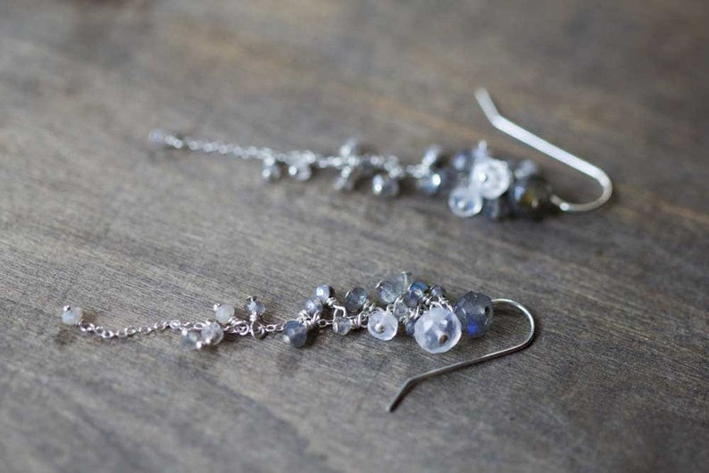 Multi Gemstone Cluster Dangle Earrings, Labradorite & Rainbow Moonstone, Delicate Sterling Silver or Gold Filled Earrings, Rose Gold Filled