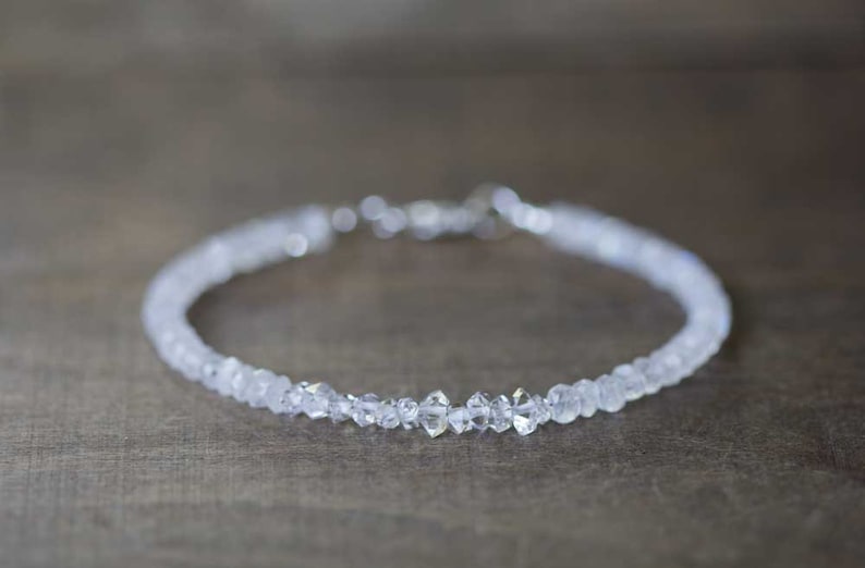 Beaded Rainbow Moonstone Bracelet with Herkimer Diamond, Delicate Moonstone Layering Bracelet, Gemstone Stackable Bracelet, Herkimer Jewelry