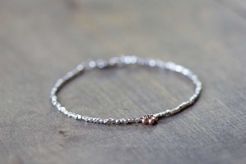 Delicate Fine Silver Bracelet with Rose Gold Vermeil, Skinny Sterling Silver Stacking Bracelet, Minimal Mixed Metal Jewelry, Everyday