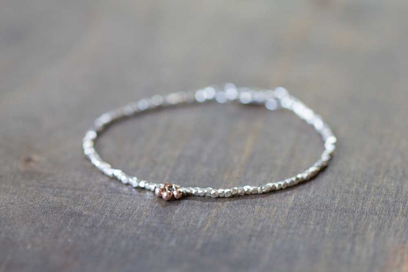Delicate Fine Silver Bracelet with Rose Gold Vermeil, Skinny Sterling Silver Stacking Bracelet, Minimal Mixed Metal Jewelry, Everyday