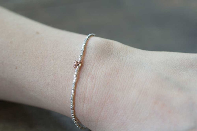 Delicate Fine Silver Bracelet with Rose Gold Vermeil, Skinny Sterling Silver Stacking Bracelet, Minimal Mixed Metal Jewelry, Everyday
