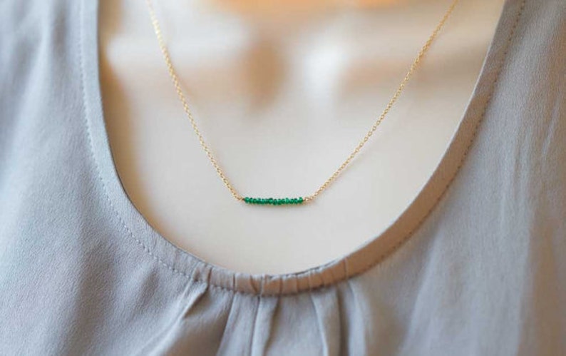Chrome Green Tourmaline Bar Necklace on Rose Gold Filled, Oxidized Sterling or Sterling Silver Chain, Delicate Green Bar Layering Necklace