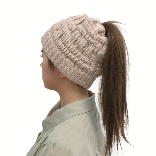 1/2/5pcs Ponytail Hats, Solid Color Versatile Beanies, Winter Thick Warm Elastic Caps for Women