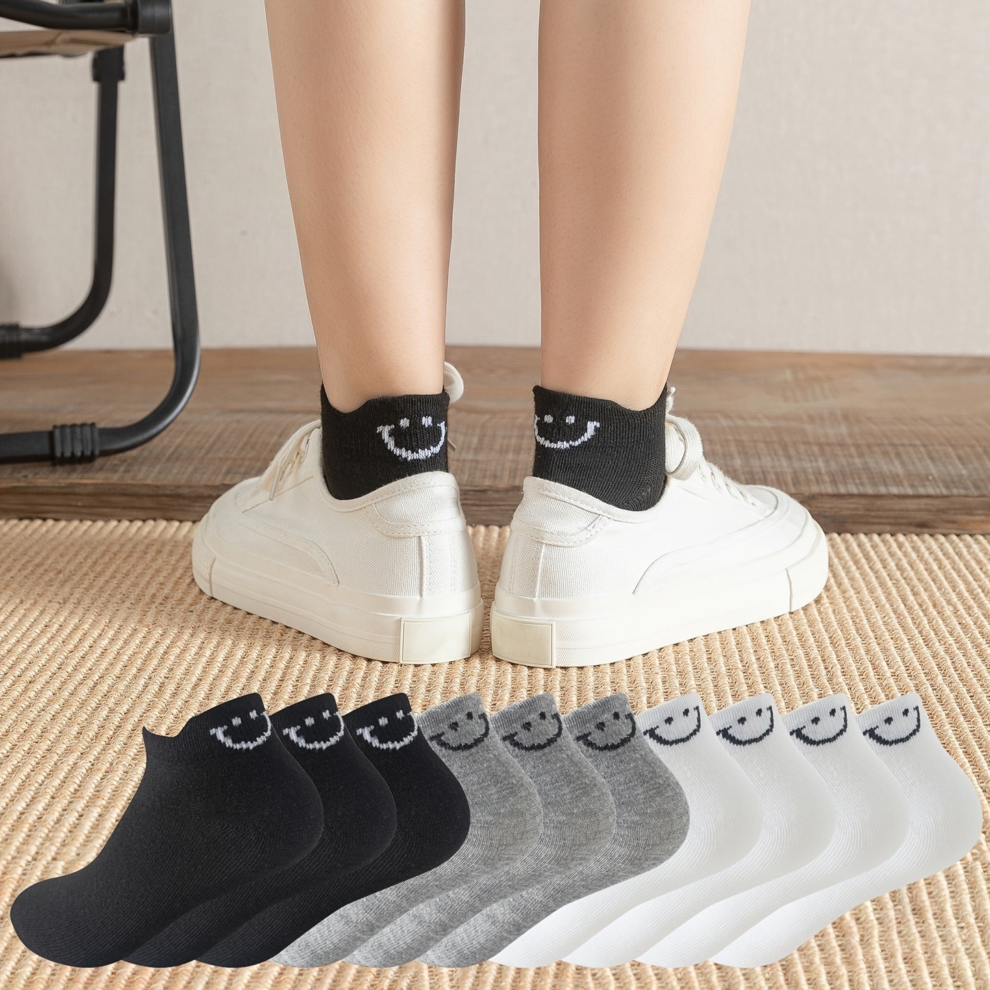 10 Pairs Women'S Cartoon Face Smile Short Socks, Comfortable Breathable Polyester Knit Fabric, Solid Color, 95% Polyester 5% Elastane, 280g/m², Machine Washable