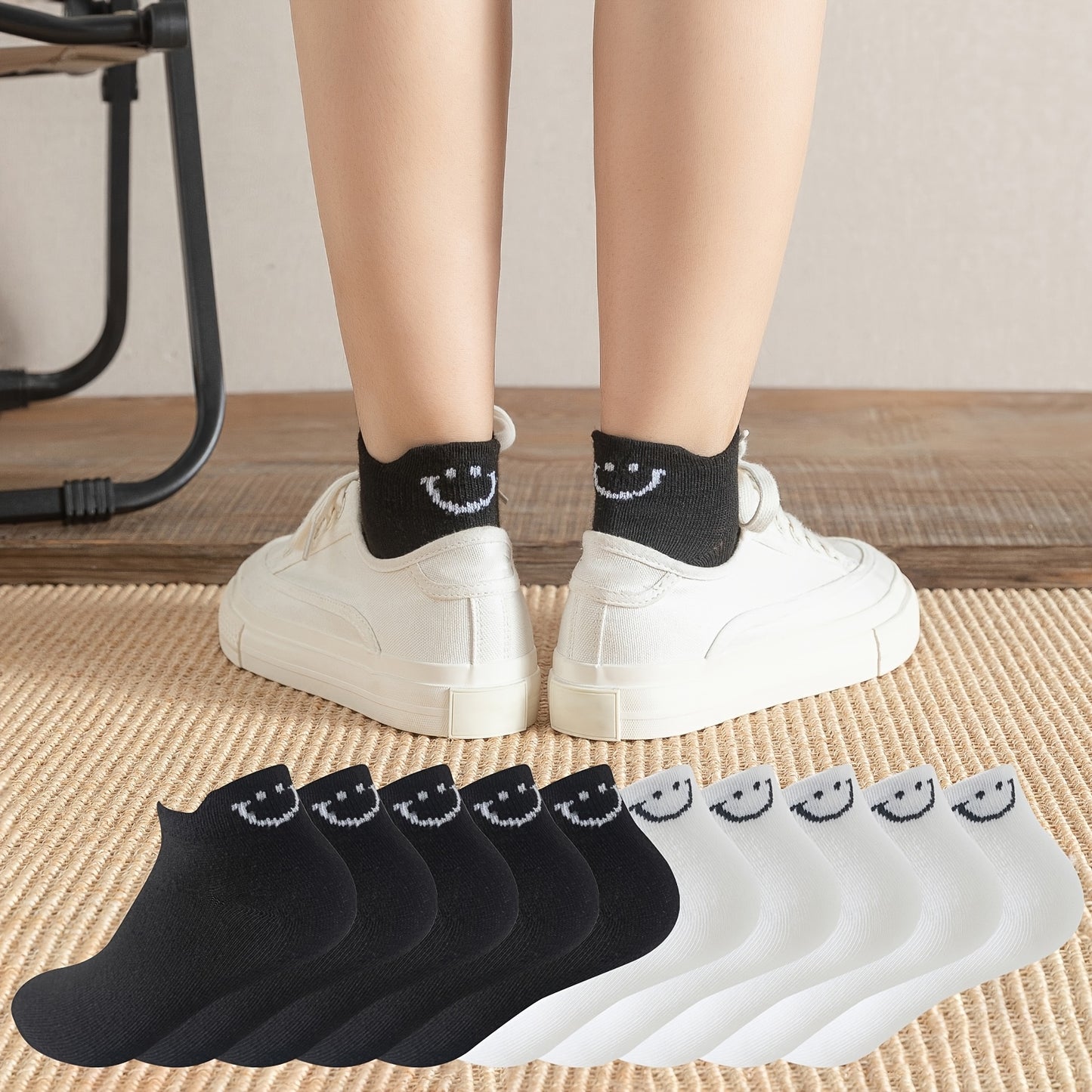 10 Pairs Women'S Cartoon Face Smile Short Socks, Comfortable Breathable Polyester Knit Fabric, Solid Color, 95% Polyester 5% Elastane, 280g/m², Machine Washable