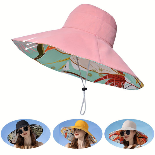 1pc Women's Reversible Wide Brim Sun Hat - Tropical Floral Design, Pink & Blue/Green Color Scheme, Breathable Polyester with Windproof Rope, Lightweight & Stylish for Beach, Outdoor, and Everyday Fashion